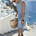 thumbnail image 5 of mihongmao Womens Fall Outfits Beach Sets Women's Round Neck Sleeveless Top+pocket Elastic Waist Pants Two-piece Linen Set Blue 2X, 5 of 9