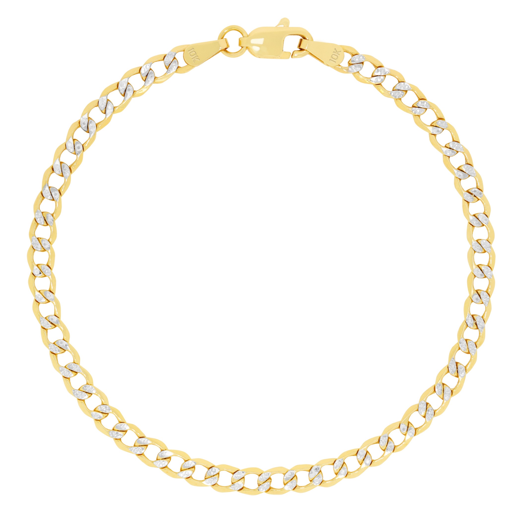 Nuragold 10k Real Yellow Gold Cuban Curb Link 3.5mm Diamond Cut Pave Chain Bracelet or Anklet (7"-9") Two Tone Italian Jewelry for Men & Women