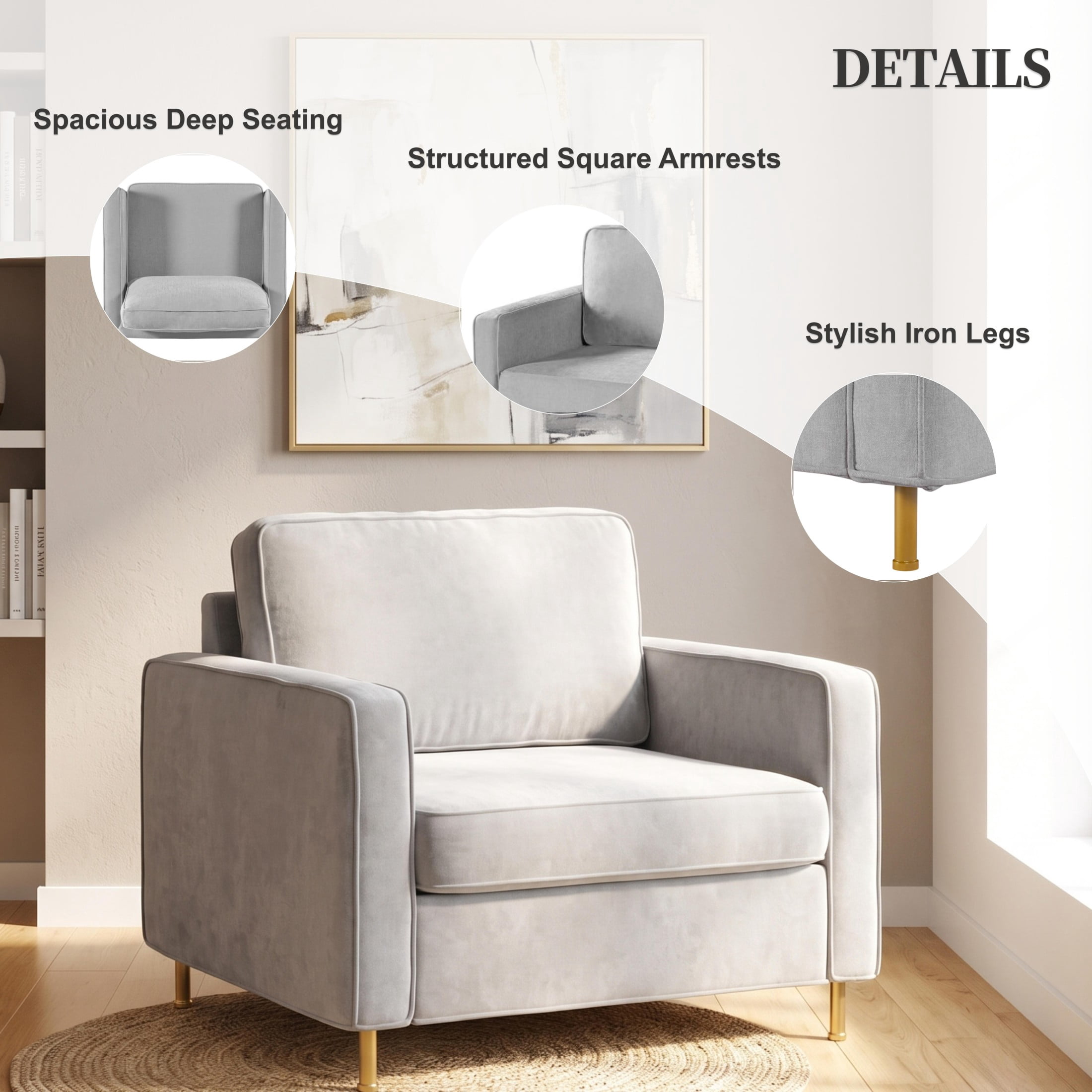 Christopher Knight Home Modern Chenille Upholstered Single Sofa with Square Arms, Pillow Back, Light Gray