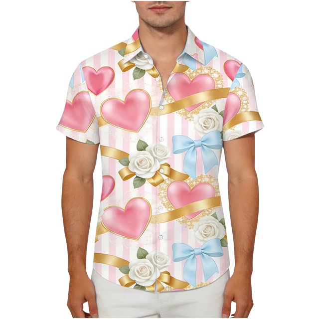 Chemise Unisexe à Manches Courtes avec Imprimé de la Saint-Valentin, Chemise Décontractée Boutonnée Assortie pour Couples avec Col Rabattu, Haut Graphique Coupe Régulière en Tissu Léger et Respirant pour Cadeaux des Fêtes et Sorties à Thème