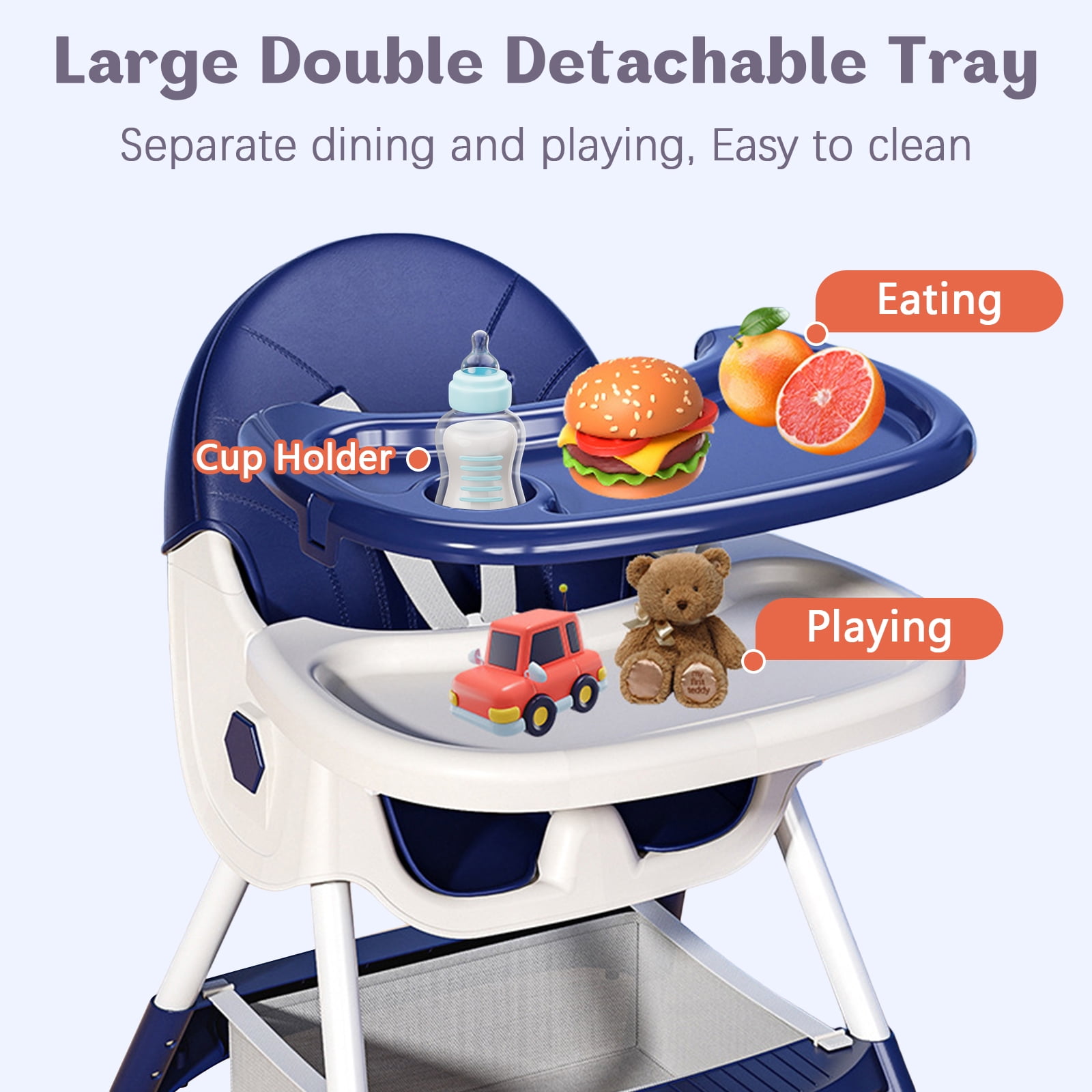 HAOUUCYIN 4-in-1 Baby High Chair, Portable Dining Chairs Eat & Play with Double-Layer Dinner Plate and Toy Rack, for 0-36 Months, Blue