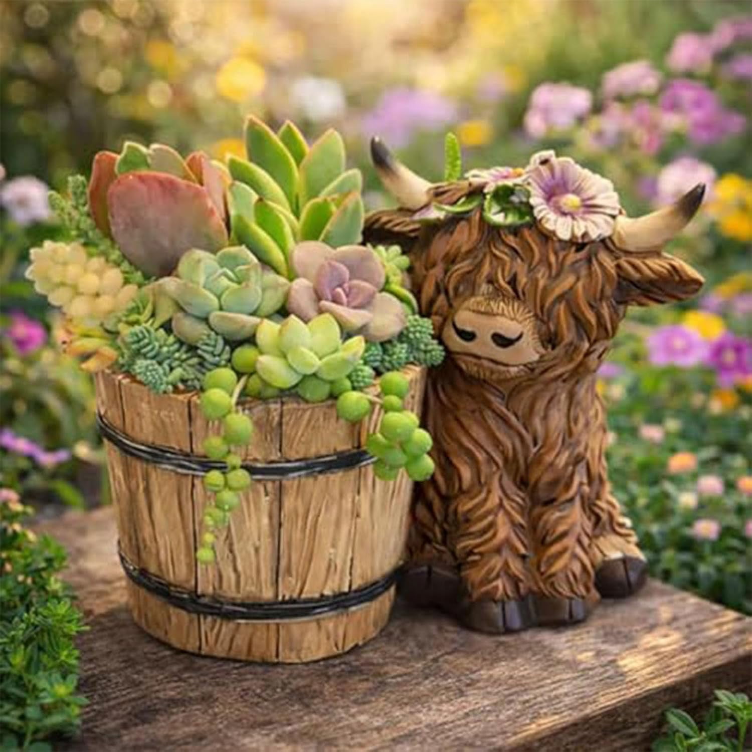 Highland Cow Succulent Planter Pot with Drainage Hole, Cute Resin Wooden Barrel Plant Container for Farmhouse Decor, Gardening Gift for Animal Lovers (1 or 2 Pack)