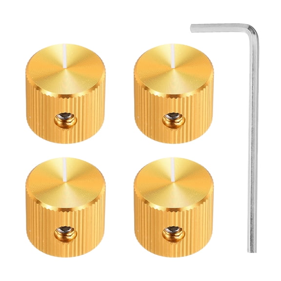 Uxcell 4 Pcs Aluminium Potentiometer Knobs, 1/4"(6mm) IDx5/8"(15mm) ODx1/2"(12.5mm) Height Universal Volume Tone Control Knobs for Guitar, Bass, Straight Line Indicator, Gold