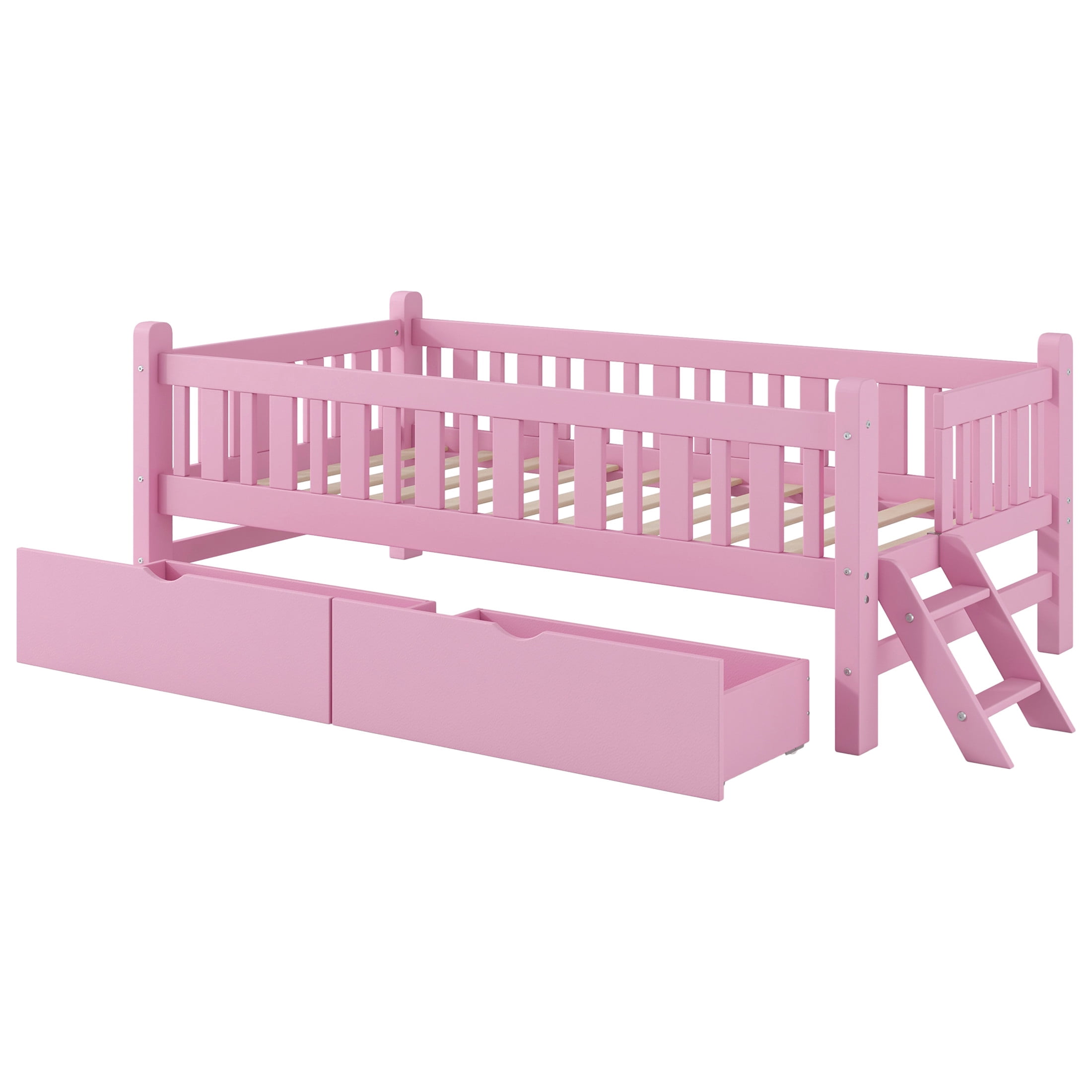 Noble House Wood Twin Platform Bed, Semi-Enclosed Fence Guardrail Bed with Storage Drawers, Solid Pine Wood, Pink