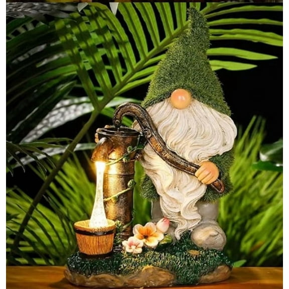 Ur Home Décor LLC 11" Solar Gnome Fountain – Garden Water Pump Statue, Outdoor Yard Decor