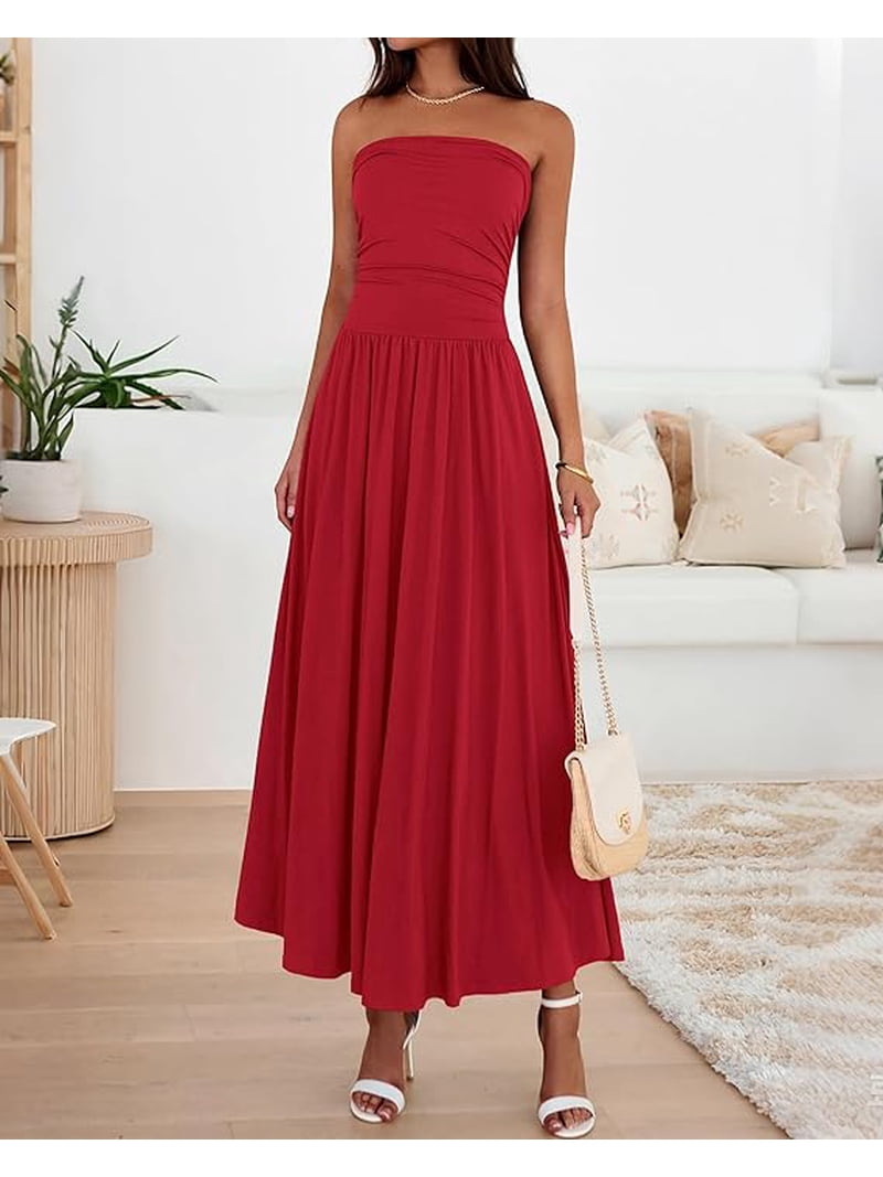 ruched tube top dress Btfbm Summer Maxi Dresses for Women Strapless Ruched Tube Top Beach Vacation Spring Wedding Guest Dress Pockets, Women's, Size: XL, Blue