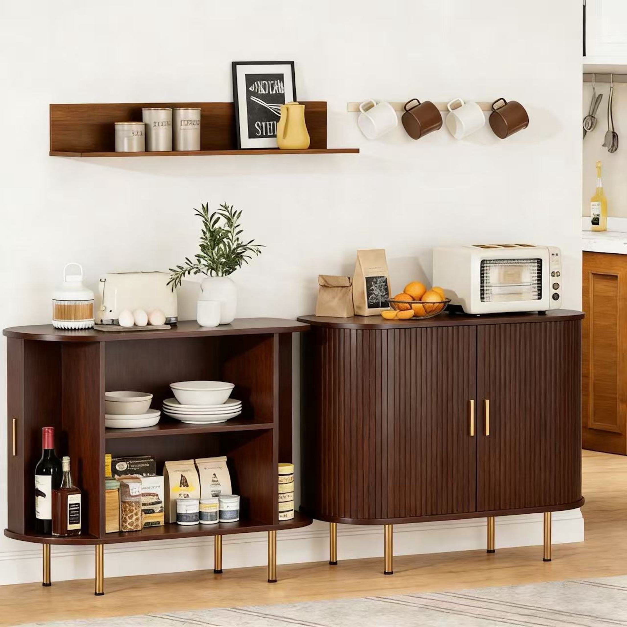 Aisword Sideboard Buffet Cabinet with Storage,Mid Century Modern Fluted Accent Coffee Bar Console Table,Tambour Sliding Doors& Adjustable Shelf for Kitchen, Living Room, Entryway, 40 Inch Dark Walnut