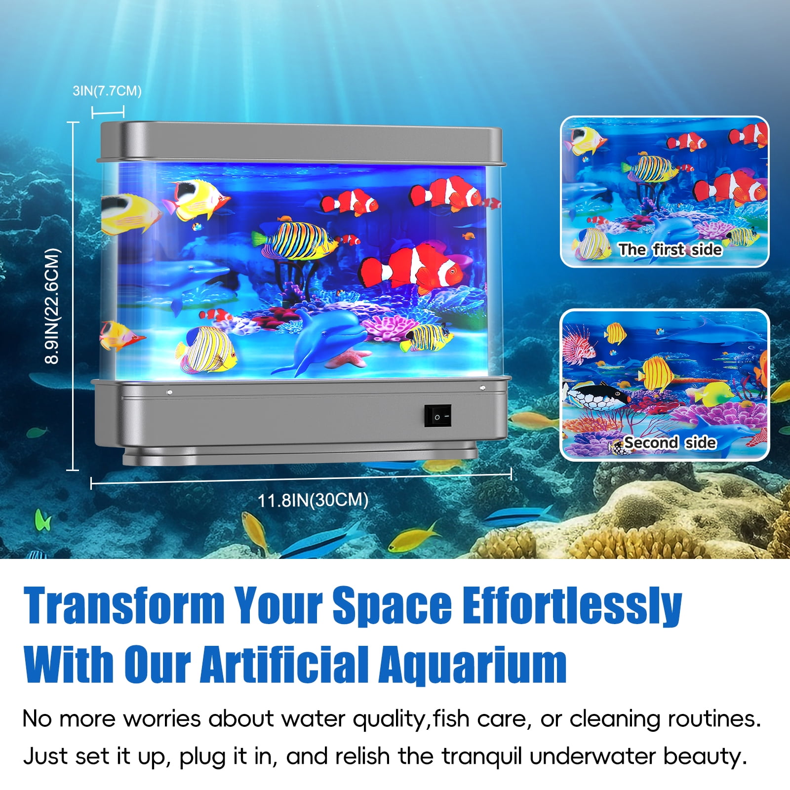 Artificial Fish Tank Virtual Ocean Toy - Mini Office Desk Aquarium, Colorful Aquarium, Motion Lamp Night Light with Moving Fish, Fun Gift for Kids and Adults