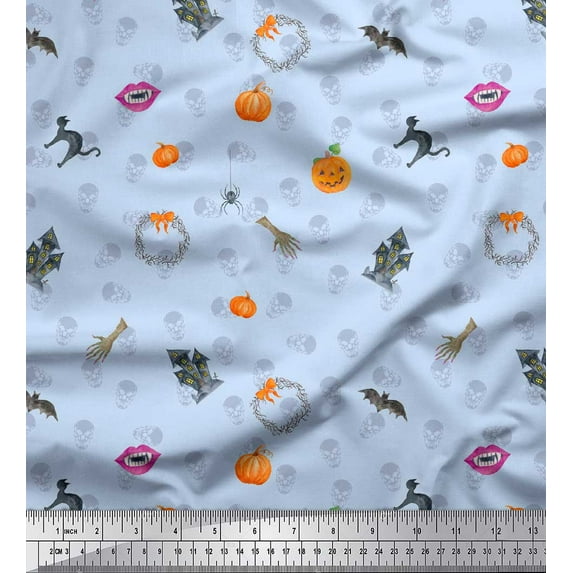 Soimoi Blue Heavy Satin Fabric Pumpkin & Haunted House Halloween Print Fabric by Yard 54 Inch Wide