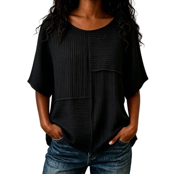 HOSIA Womens Vertical Textured Patchwork Top Round Neck Half Sleeve Casual Loose Fit Summer Blouse Lightweight Comfy Flowy Plain Gauze Tunic Shirts Plus Size Beach Vacation Outfits Black L