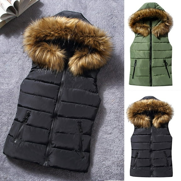 Idoravan Women'S 2025 Winter Vest Casual Sleeveless Hooded Zip Up Jacket Women's Casual Warm And Windproof Collar Short Hooded Down Cotton Black XXL