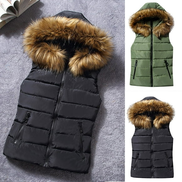 Dazajoo Women's Thicken Winter Vest Faxu Fur Hood Warm Puffer Vest Casual Sleeveless Quilted Vests with Pockets,Army Green,L