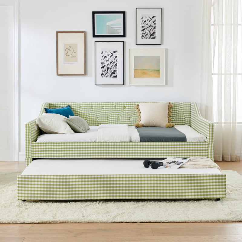 Full Size Daybed with Pop Up Trundle, Gingham Upholstered Daybed Frame with Tufted Button Backrest and Side Storage Pocket, Modern Sofa Bed for Living Room Bedroom