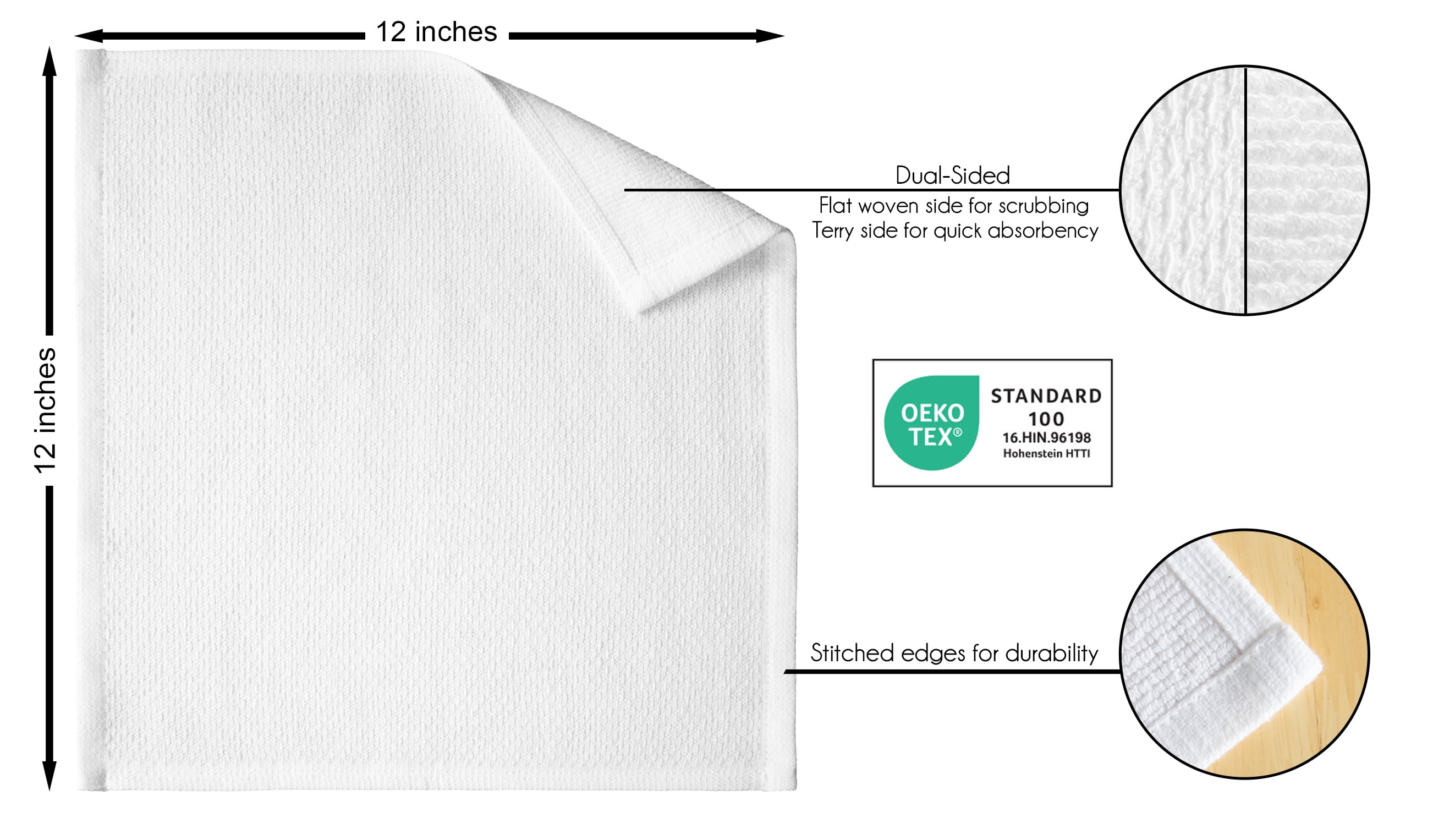 Mainstays 100% Dual-Sided Cotton Dishcloths, 4 Pieces, 12 in x 12 in, White