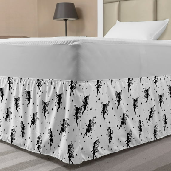 Fairy Tale Bed Skirt, Illustration of Winged Fairies and Stars on Plain Backdrop Art, Elastic Bedskirt Dust Ruffle Wrap Around for Bedding Decor, 4 Sizes, White and Charcoal Grey, by Ambesonne