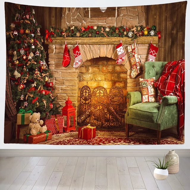 Tapiz navideño, telón de fondo fotográfico, árbol de Navidad y chimenea, decoración del hogar, tapiz de Año Nuevo, colgante de pared para dormitorio, sala de estar, dormitorio universitario, fotografía, fotomatón, decoración del hogar (59,1 "X 78,7" (150x200cm) Rojo Verde
