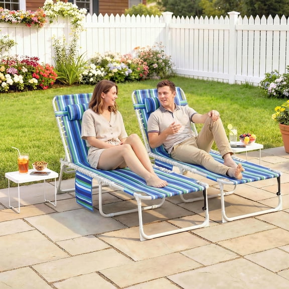 Outsunny Tanning Chair Set of 2 with Face Hole, Side Table, 5-Position Folding Outdoor Chaise Lounge Chair with Carry Straps, Blue Stripe