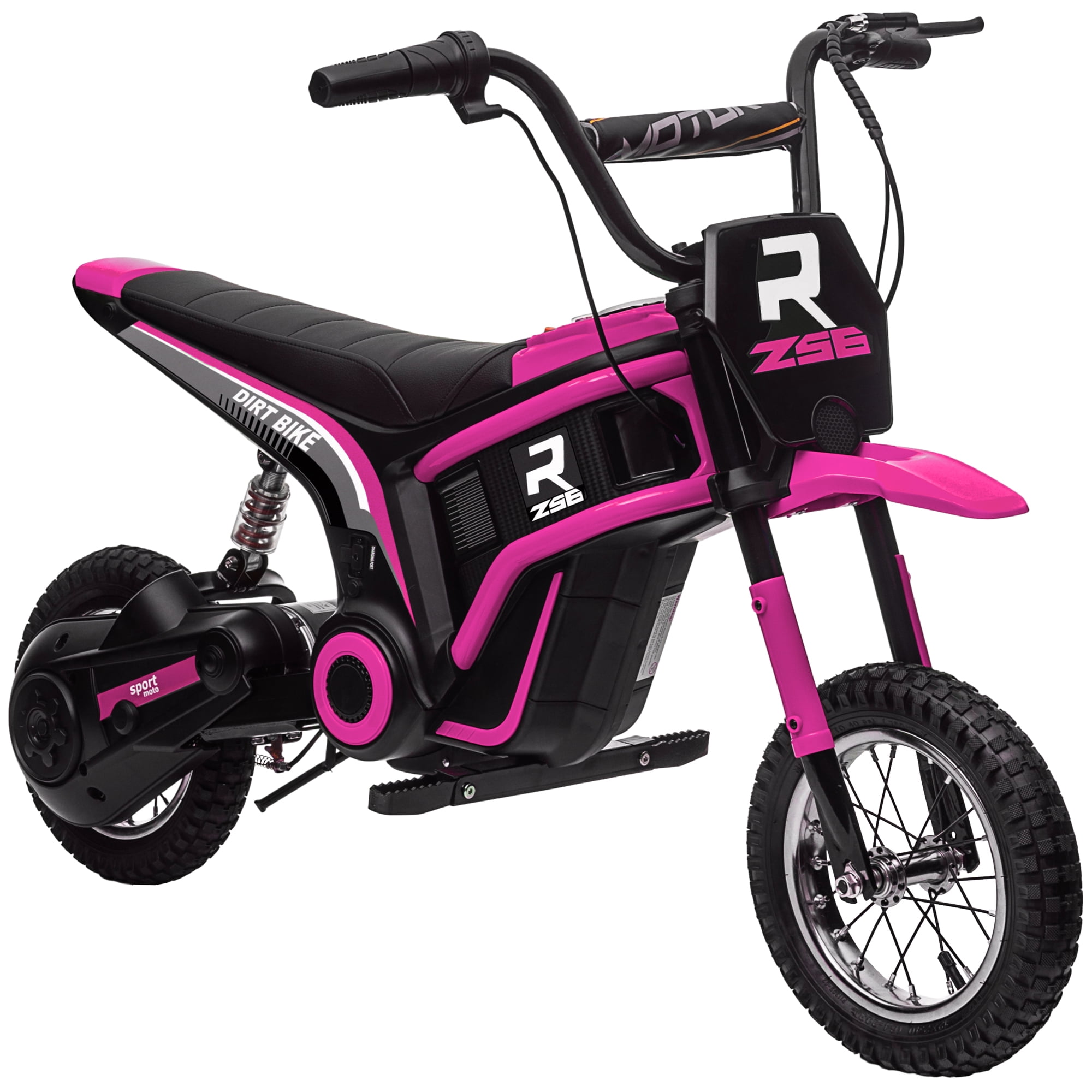 Aosom Electric Dirt Bike with Twist Grip Throttle, 24V 350W Electric Motorcycle, Up to 15 MPH with Music Horn, Rear Suspension for 13+ Years, Pink
