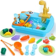 JoyStone Kitchen Play Sink Toys, Dinosaur Electronic Dishwasher Sink with Running Water, Fishing Game Toys and Play Food for Kids, Blue