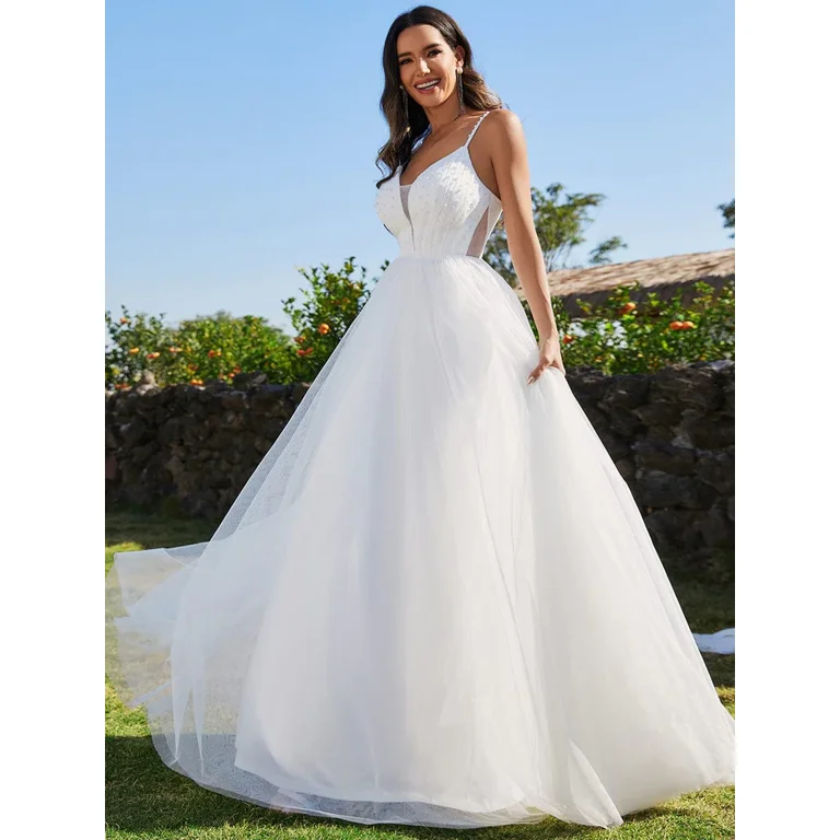 Spaghetti Straps Sleeveless Tulle Pearl Beaded Wedding Dress V Neck A Line Wedding Dress featuring Delicate Pearl Accents LJH Walmart