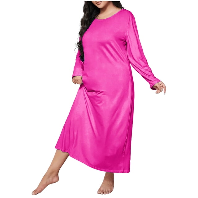 FRSASU Chemises de Nuit pour Femmes Grande Taille Manches Longues Chemise de Nuit Ample Col Rond Vêtements de Nuit Couleur Unie Robe de Pyjama Décontractée Longueur Complète Rose Vif TTTG(TTTG)