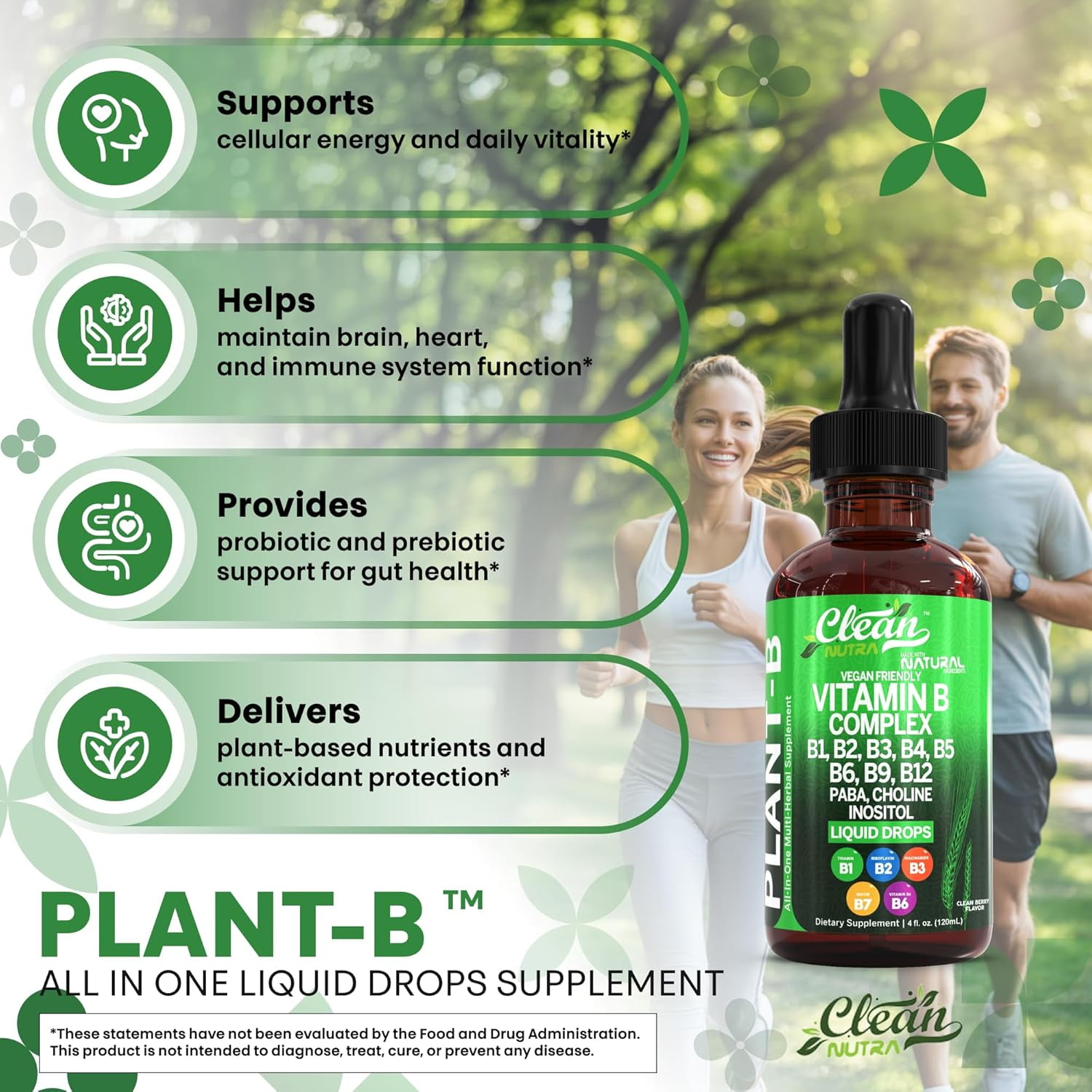 Vitamin B Complex Liquid Drops | Thiamine B1, B6, B2, B3, B4, B5, B7 B9, B12, Niacinamide, Paba, Choline Inositol Taurine Probiotics Beet Root Spirulina - Plant-B Vitamin Supplements by Clean Nutra