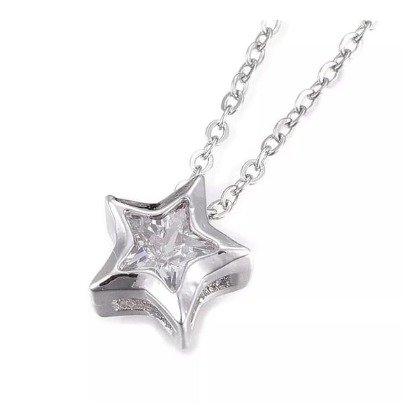 304 Stainless Steel Silver Cubic Zirconia Star Pendant Necklace 17.8 Inch Lobster Clasp P661