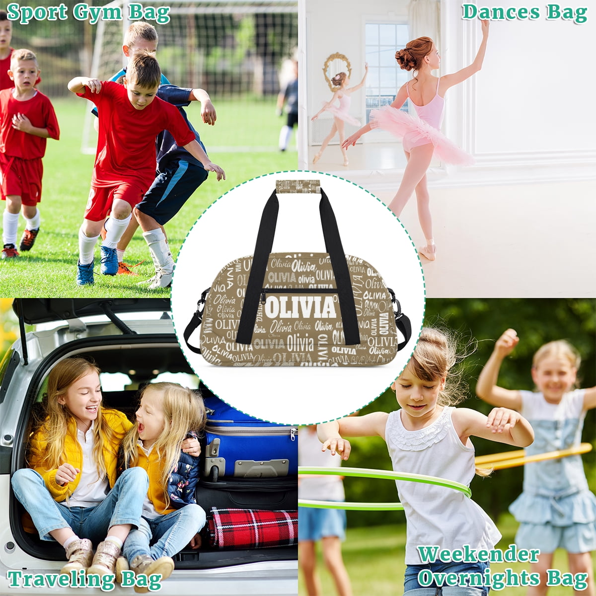 Personalized Gym Bag for Girls Custom Dance Bag Overnight Swimming Sports Bag Light Khaki