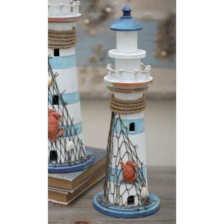 6" x 16" Blue Wood Light House Sculpture with Netting, by DecMode
