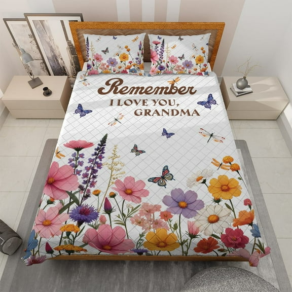 Lotusprinthandmade Colorful Floral Grandma Quote Quilt Bedding Set (Fold Hem) 5 Sizes (Made in Vietnam) (55x60), mother’s day quilt bed set gift for grandma