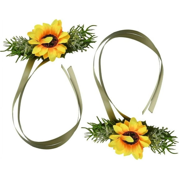 2pcs Sunflower Wrist Corsage Wedding Wrist Corsage Yellow Hand Flowers Artificial Flowers Accessories for Bride Bridesmaid Festival Engagement Wedding Party Prom Suit Decorations Gold
