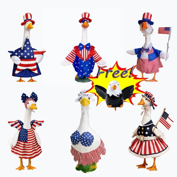 Roiihwy 4th of July Porch Goose Outfits Decoratinos, 23" High Lawn Goose Statue Patriotic Costume Clothing for Outdoor Patio Yard Decoration, Red, White, Blue