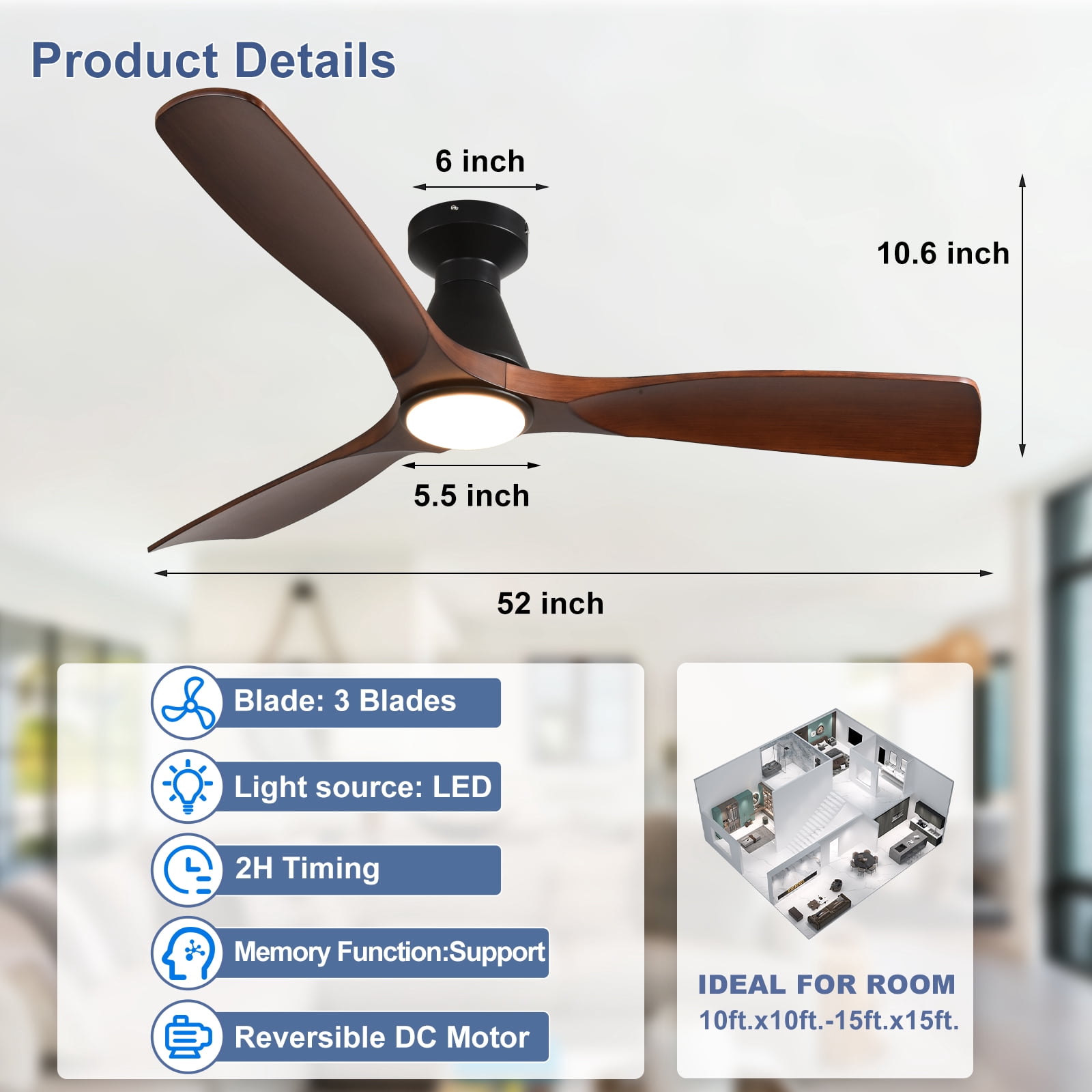 DingLiLighting 52-Inch Ceiling Fan with Lights: Walnut Flush Mount Ceiling Fan with Remote APP Control - Low Profile 3-Blade Fans for Indoor Outdoor 24W 3CCT Dimmable Timer DC Motor