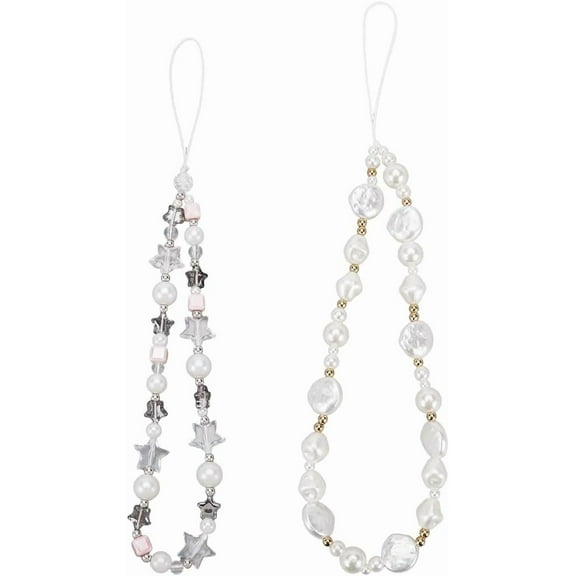 2 Styles Beaded Phone Charm Strap Detachable Plastic Pearl Resin Glass Star Handmade Phone Case Short Lanyard Anti-Lost Keychain Wrist Straps Wristlet Bracelet Accessories for Women Gifts Colorful