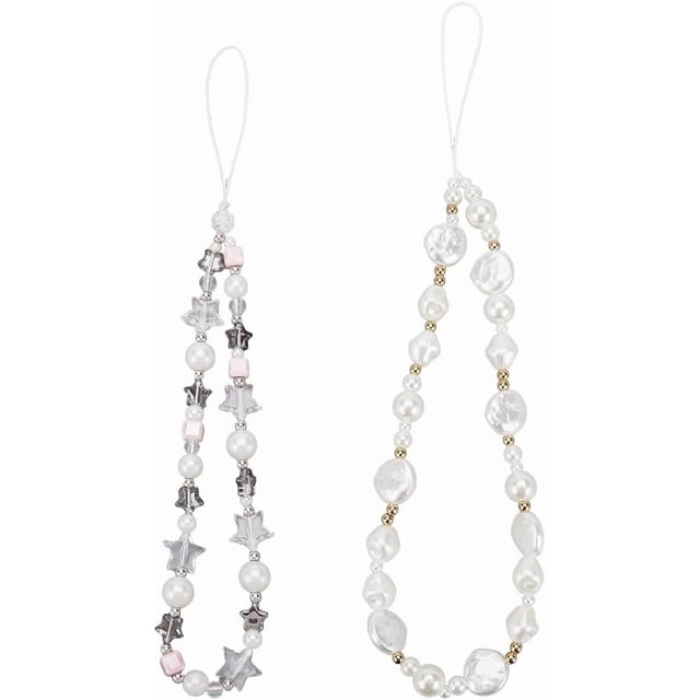 Correa para teléfono con cuentas de 2 estilos, desmontable, de plástico, perla, resina, cristal, estrella, hecha a mano, cordón corto, llavero antipérdida, correas de muñeca, accesorios para pulsera.