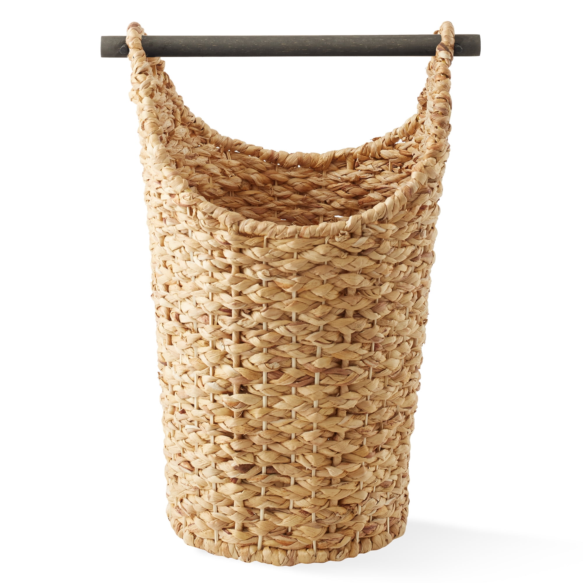 Casafield Toilet Paper Roll Holder Storage Basket with Wood Bar - Natural, Woven Water Hyacinth Wicker Bathroom Tissue Storage Organizer