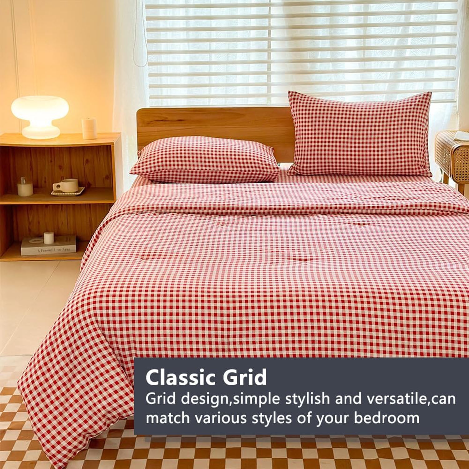 Red Gingham King Comforter Set, Red Plaid Bedding Set, Checked Bed Comforter 3 Pieces(Red Gingham, King)