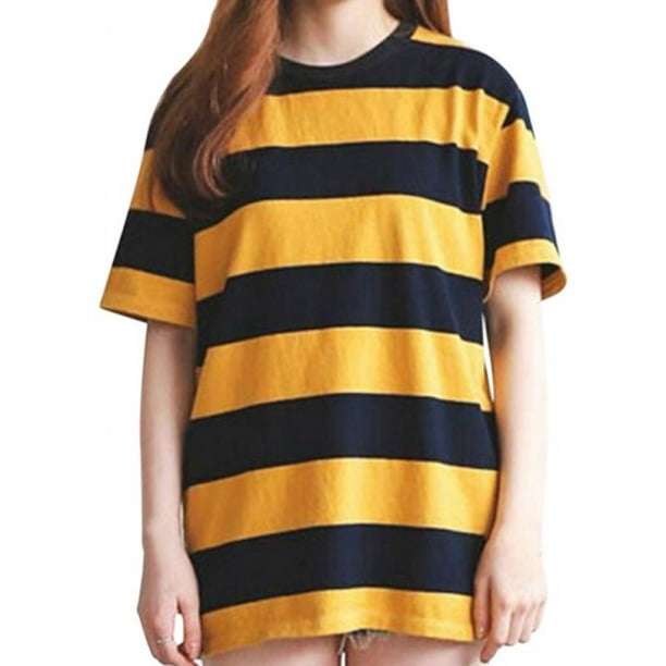 Greyghost Women Yellow and Black Striped Round Neck Collar Loosen Half  Sleeve T-Shirt Casual Blouse Tops 