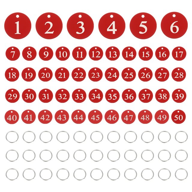 50PCS Number Tags 1-50, Number Key Tags Aluminum Numbered Tags Metal Key Tags Keychain with Key Rings for Organizer Field Sales Hangers Clothes Labels ID Tag, Red