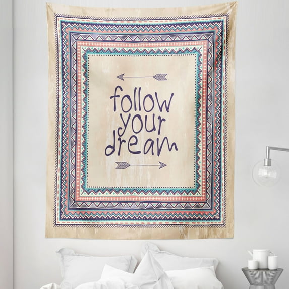 Tribal Tapestry, Inspirational Words Follow Your Dream and Arrows Aztec Framed Graphic Art Print, Fabric Wall Hanging Decor for Bedroom Living Room Dorm, 5 Sizes, Tan Coral Blue, by Ambesonne