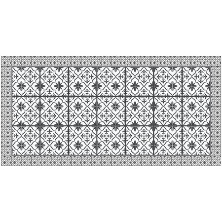 2' X 4' Dark Gray And White Tile Printed Vinyl Area Rug with UV Protection