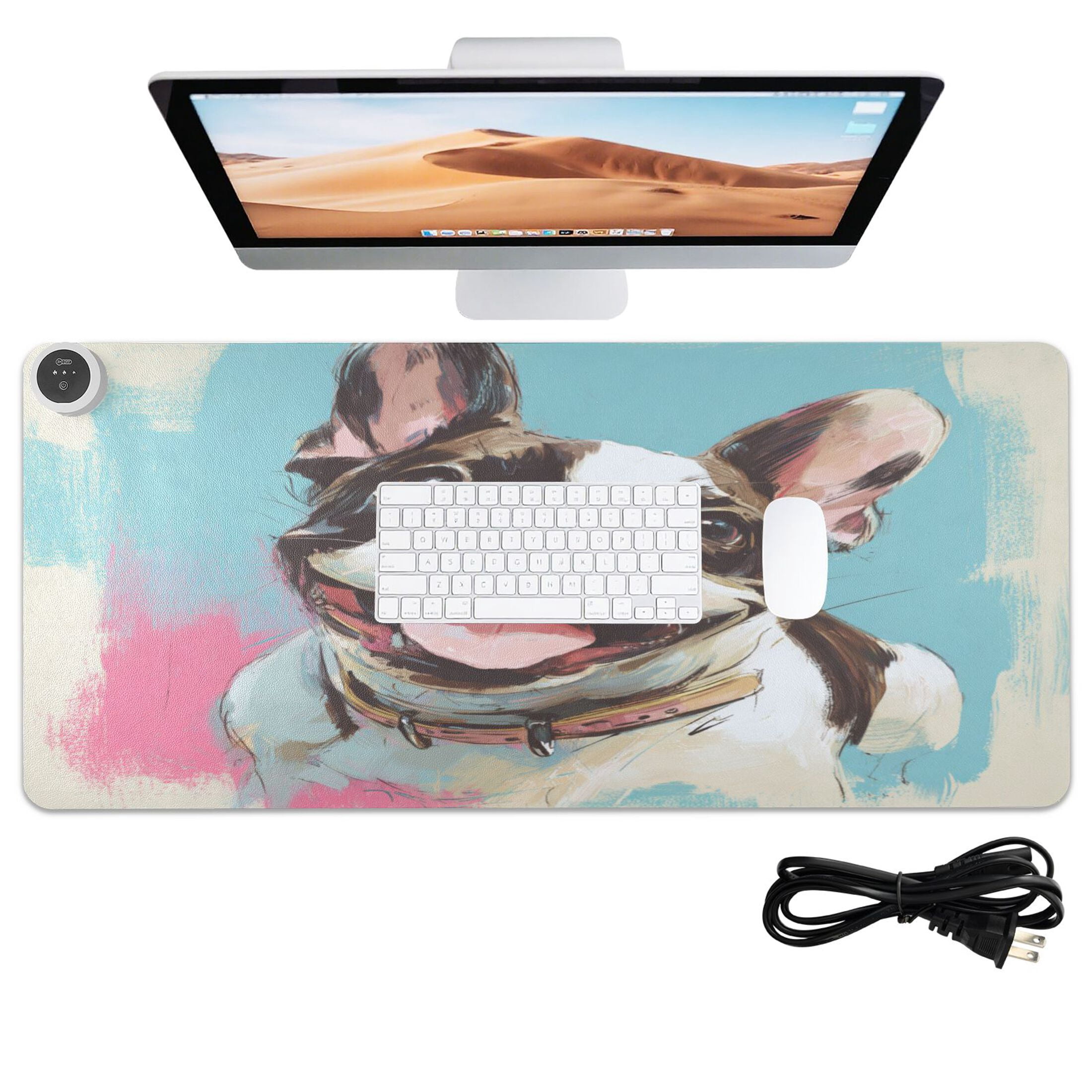 Large Heated Desk Mat Mouse Pad 31.5"x13"PU Leather Graphene Heating Desk Warmer with 3 Temperature Settings 110V US Plug Non-Slip Warm Pad for Home, Office, and Gaming Happy Frenchie Pop Portrait
