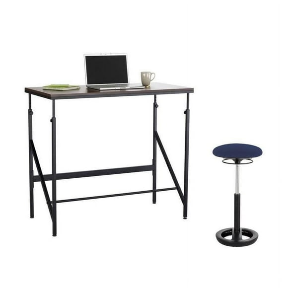 Safco Elevate 48W 2 Piece Office Set with Standing Desk in Brown and Backless Drafting Chair in Blue