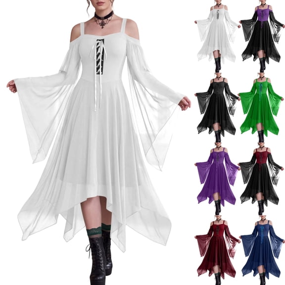 Renaissance Womens Dresses Victorian Gothic Off Shoulder Lace Up Corset Dress Vintage Christmas Themed Parties Butterfly Sleeve Halloween Costumes Steampunk Outfit White S