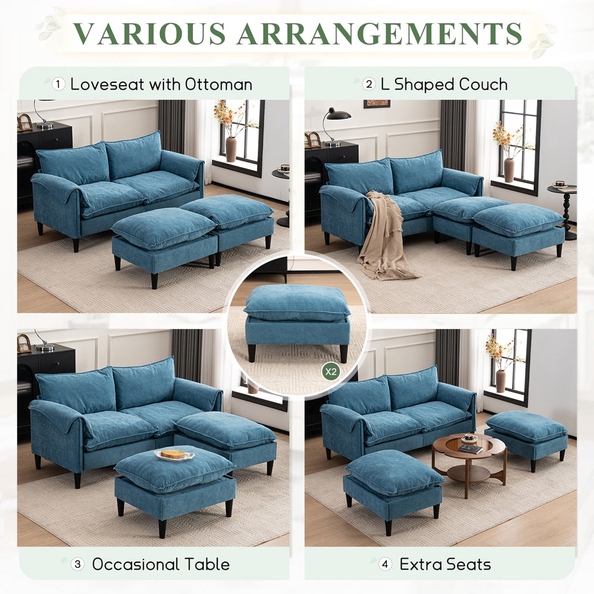 Convertible Combination Sofa U-Shaped Storage Sofa with Footstools , 2-Seater Futon for Living Room, Living Room/Bedroom/Office/Small Space