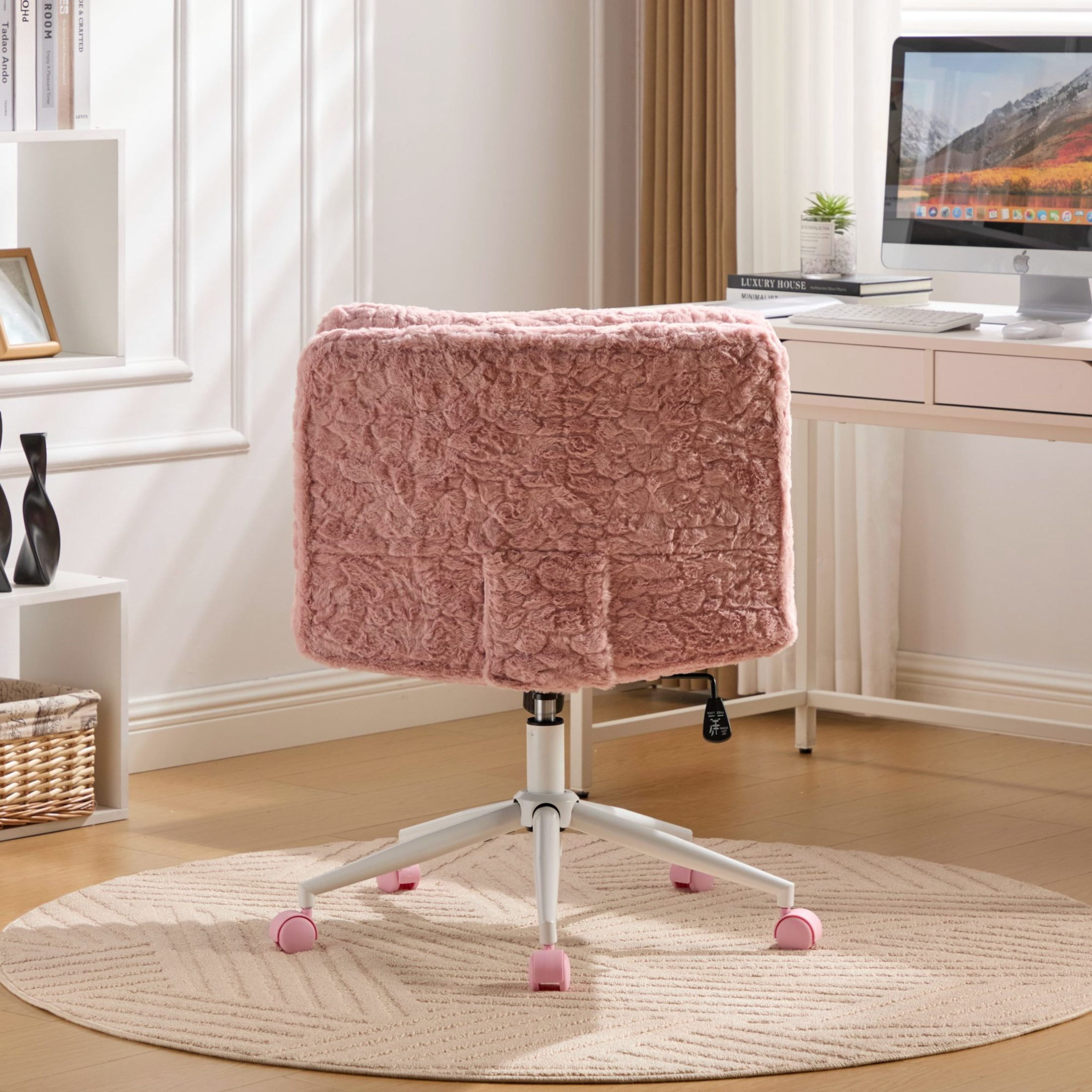 GDF Studio 26.4"W Seat Office Chair with Faux Fur Upholstery, Adjustable Height, Swivel Metal Base, Pink