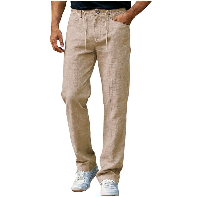Nuoqisi Men's Casual Solid Color Linen Drawstring Button Long Pants - Breathable Trousers for Relaxed Summer Wear