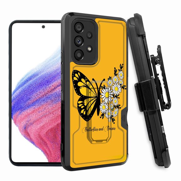 ANJ  Rugged Shockproof Hoster Case w/Card Slot, Kickstand   Tempered Glass Cover for Samsung Galaxy A33 5G - Butterfly Daisy
