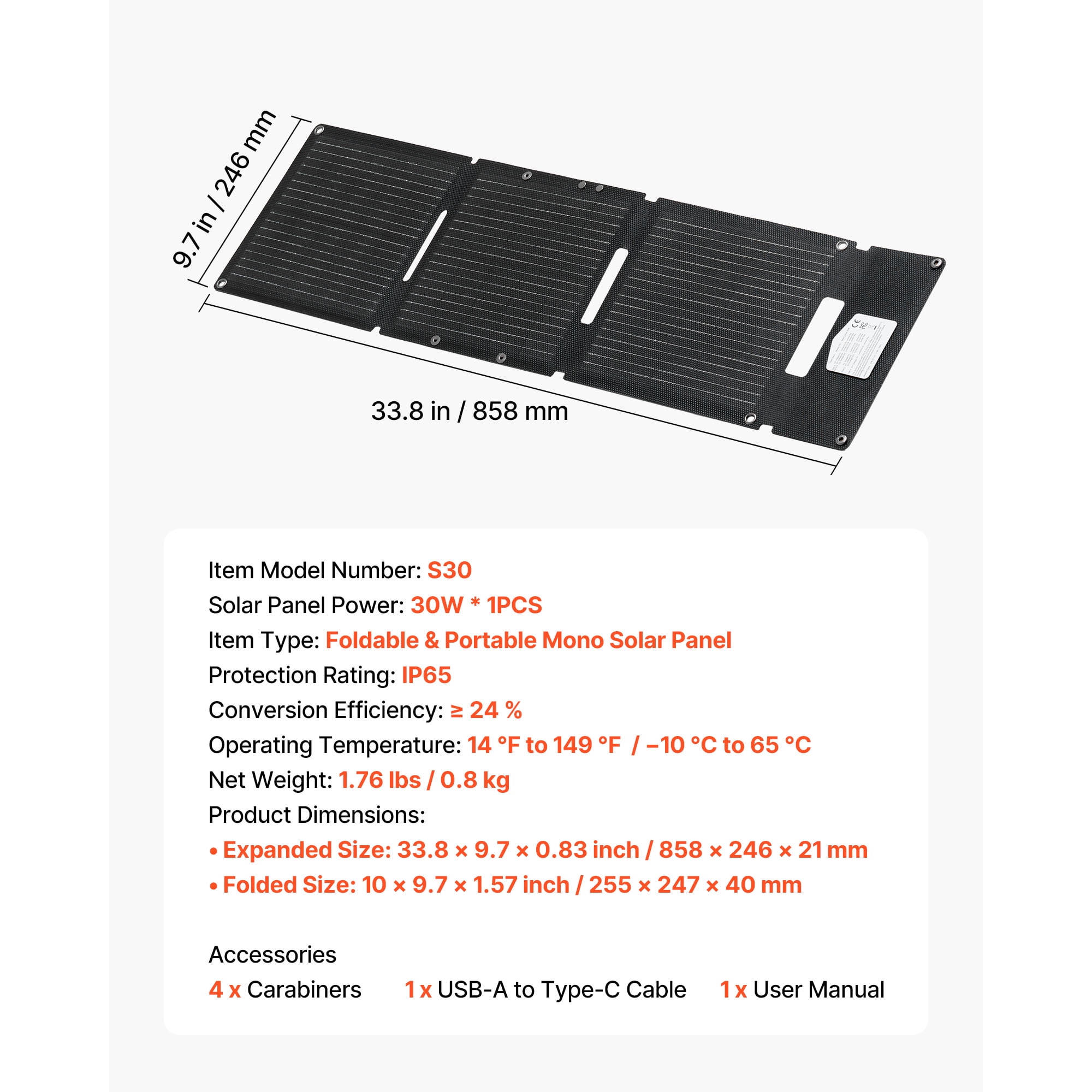 KFFKFF 30W Foldable Solar Panel Charger, High-Efficiency N-Type Monocrystalline Design, Lightweight and Portable with USB-A, QC3.0, and Type-C Ports for Outdoor Activities and Device Charging