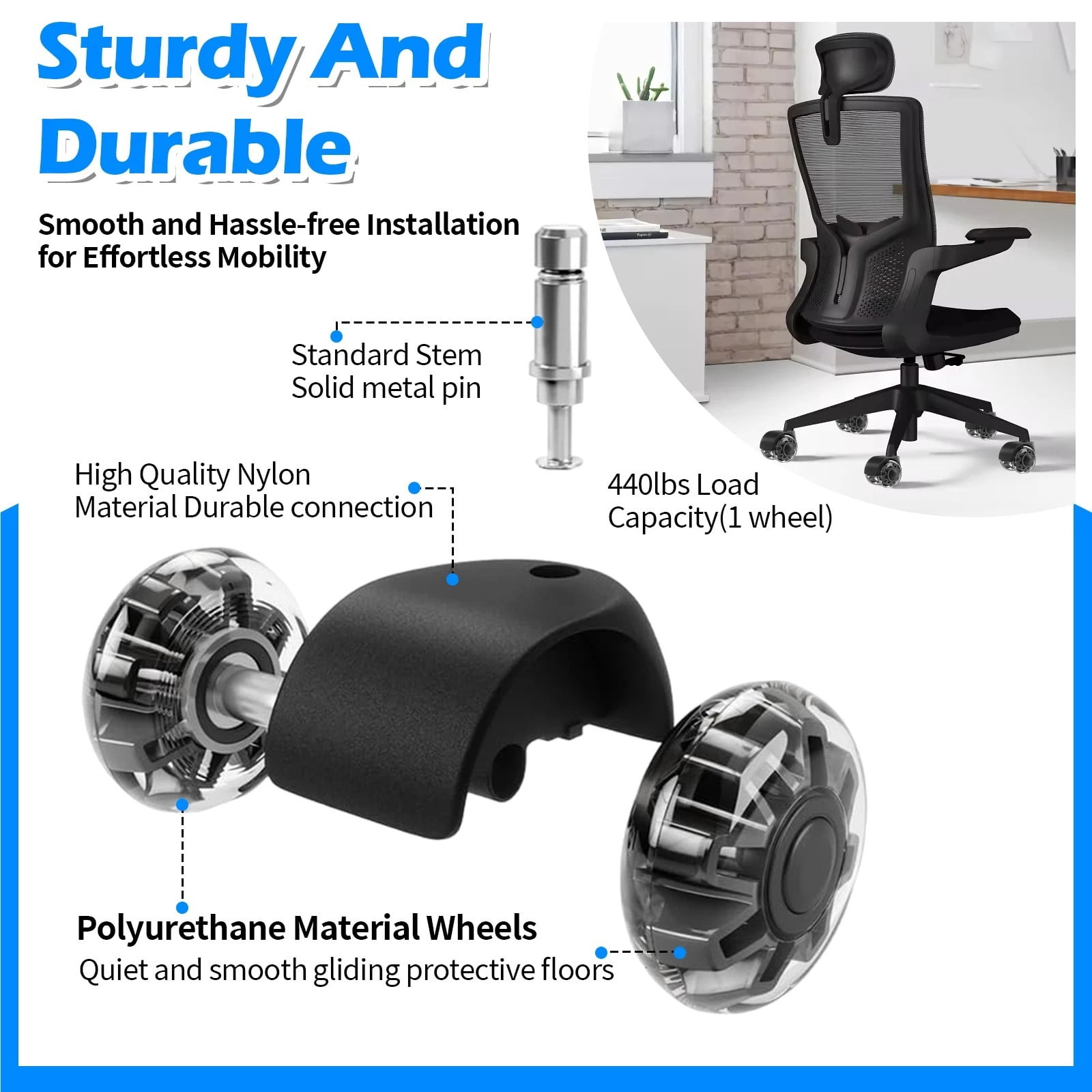 5 Pcs 2inch Office Chair Caster Wheel Rotating Rubber Soft Safety Roller Pu Transparent Furniture ,Quiet and Smooth